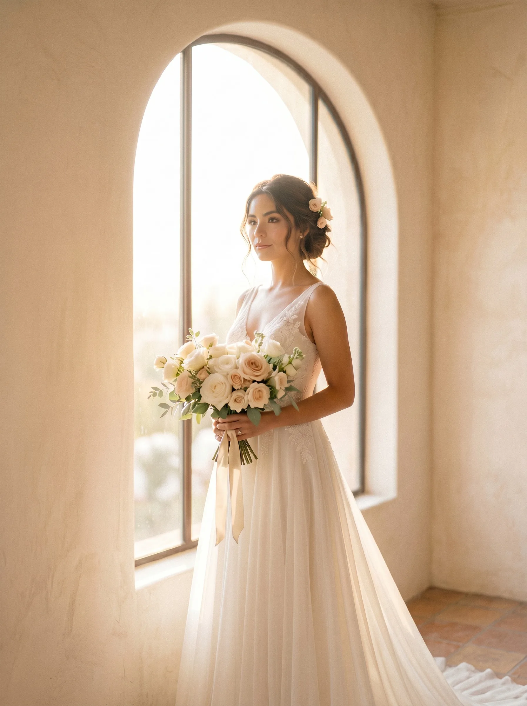 Novia sonriente con ramo de rosas blancas frente a una ventana de arco con luz dorada